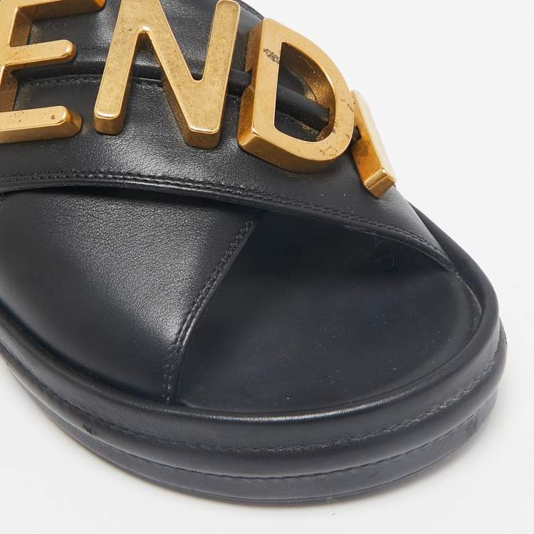 Pre Owned Fendi Black Leather Fendigraphy Flat Slides Size 37