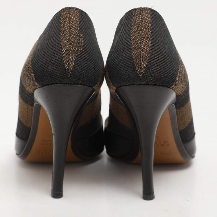 Pre Owned Fendi Black/Brown Leather and Striped Canvas Pequin Peep Toe Pumps Size 36 