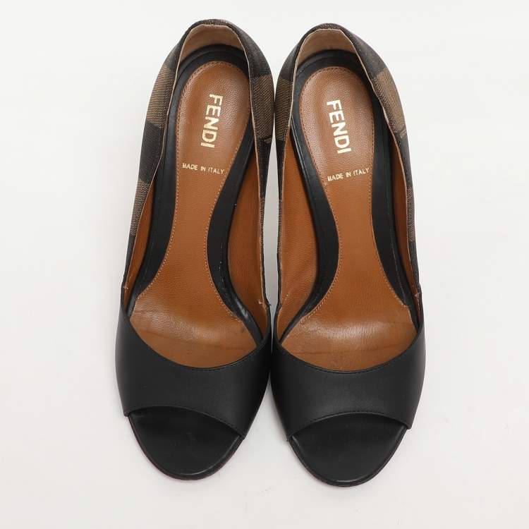 Pre Owned Fendi Black/Brown Leather and Striped Canvas Pequin Peep Toe Pumps Size 36 