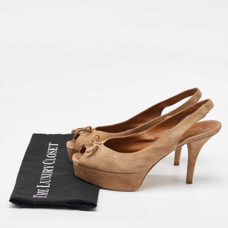 Pre Owned Fendi Beige Suede Fendista Bow Peep Toe Slingback Platform Pumps Size 41