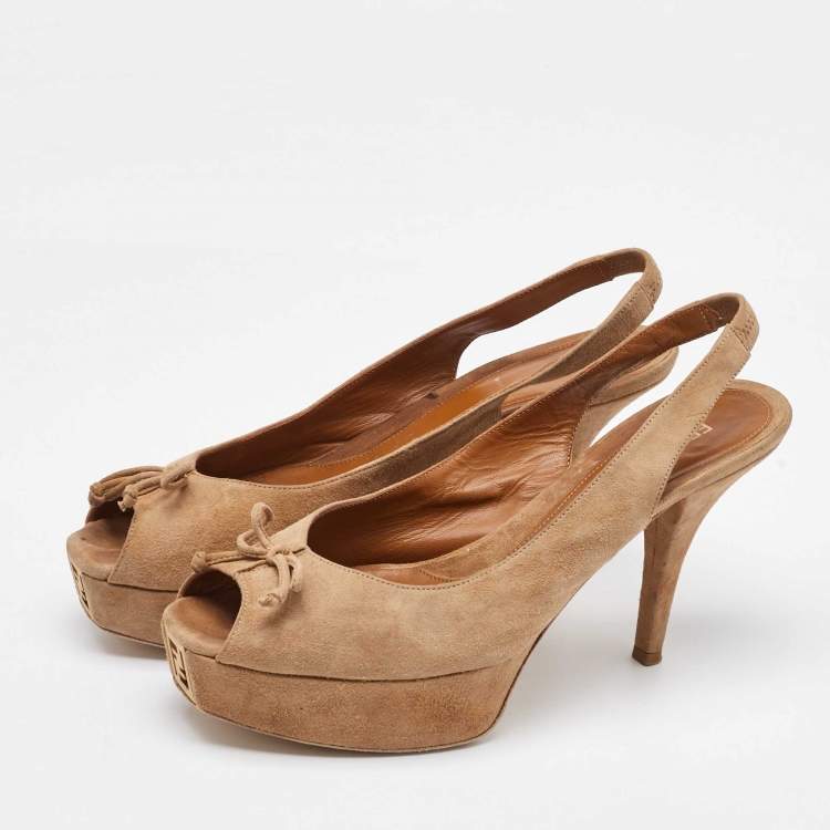 Pre Owned Fendi Beige Suede Fendista Bow Peep Toe Slingback Platform Pumps Size 41