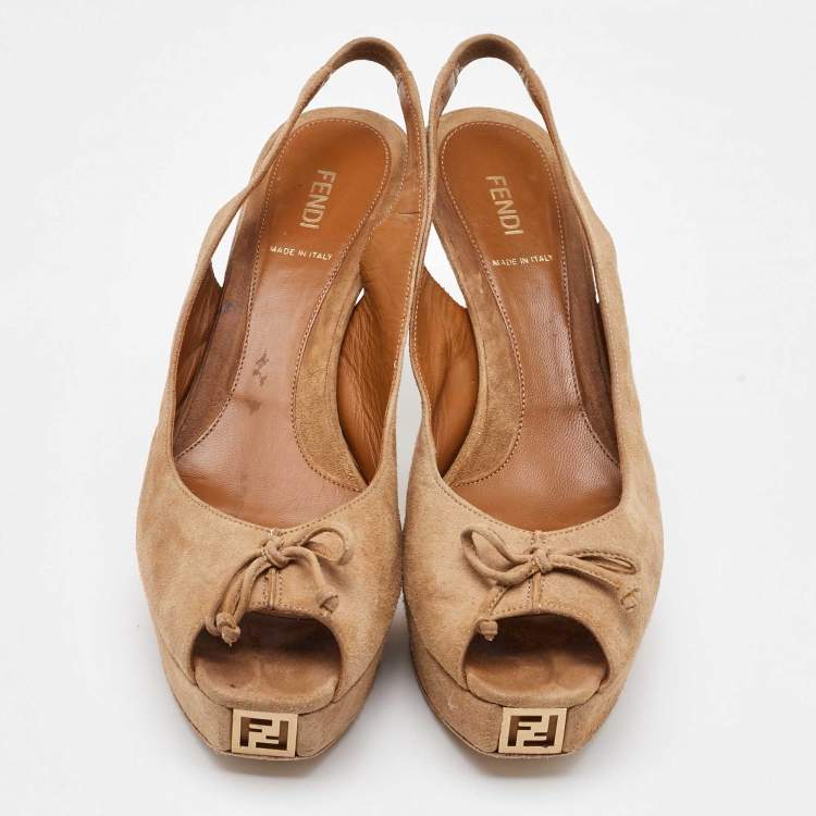 Pre Owned Fendi Beige Suede Fendista Bow Peep Toe Slingback Platform Pumps Size 41