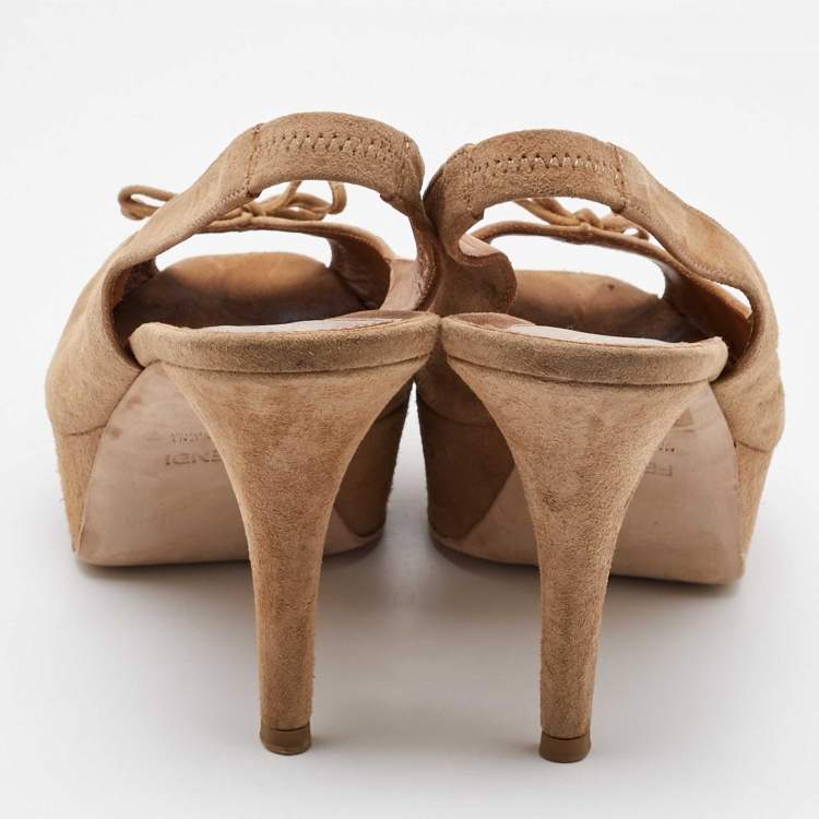 Pre Owned Fendi Beige Suede Fendista Bow Peep Toe Slingback Platform Pumps Size 41