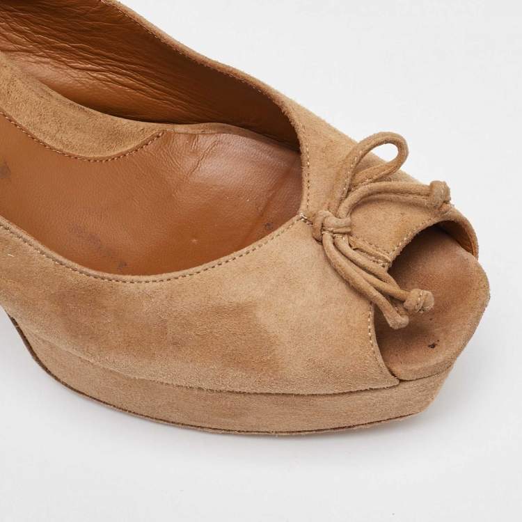 Pre Owned Fendi Beige Suede Fendista Bow Peep Toe Slingback Platform Pumps Size 41