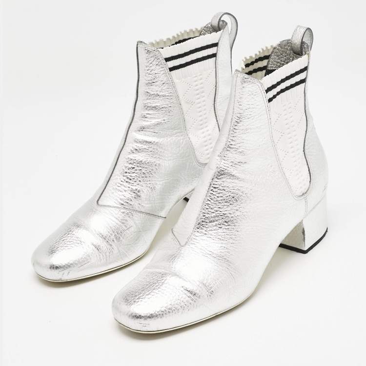 Pre Owned Fendi Silver/White Knit Fabric and Leather Sock Ankle Length Boots Size 38.5
