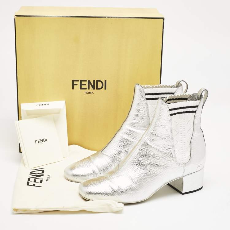 Pre Owned Fendi Silver/White Knit Fabric and Leather Sock Ankle Length Boots Size 38.5