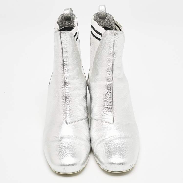 Pre Owned Fendi Silver/White Knit Fabric and Leather Sock Ankle Length Boots Size 38.5