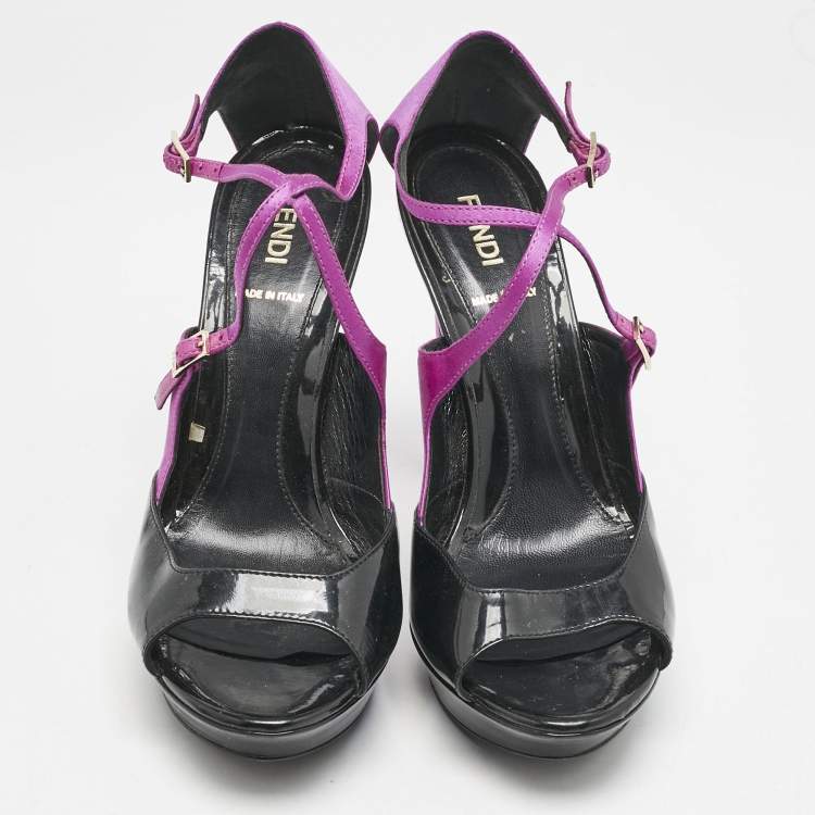 Pre Owned Fendi Black/Pink Patent Leather and Satin Ankle Strap Sandals Size 38