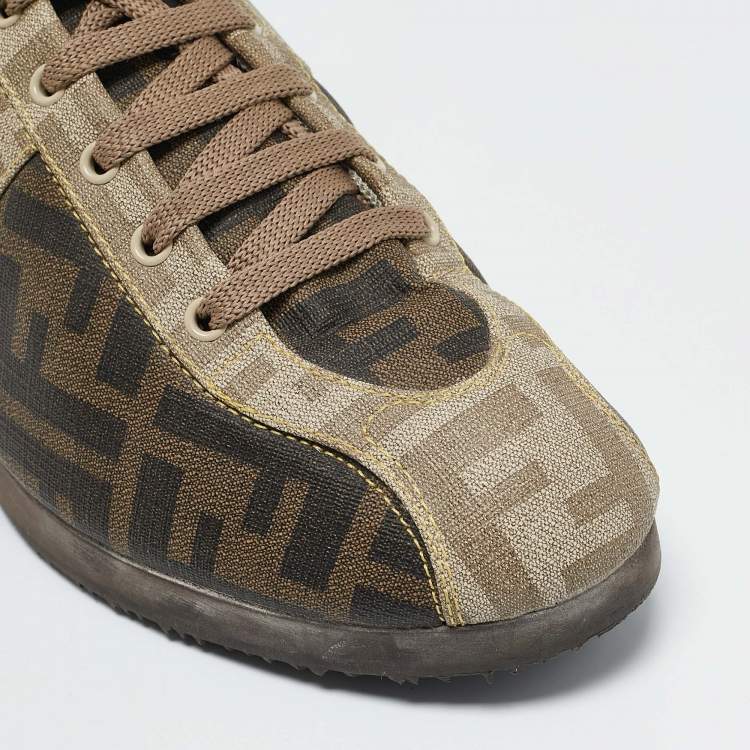 Pre Owned Fendi Brown Canvas FF Logo Lace Up Sneakers Size 38