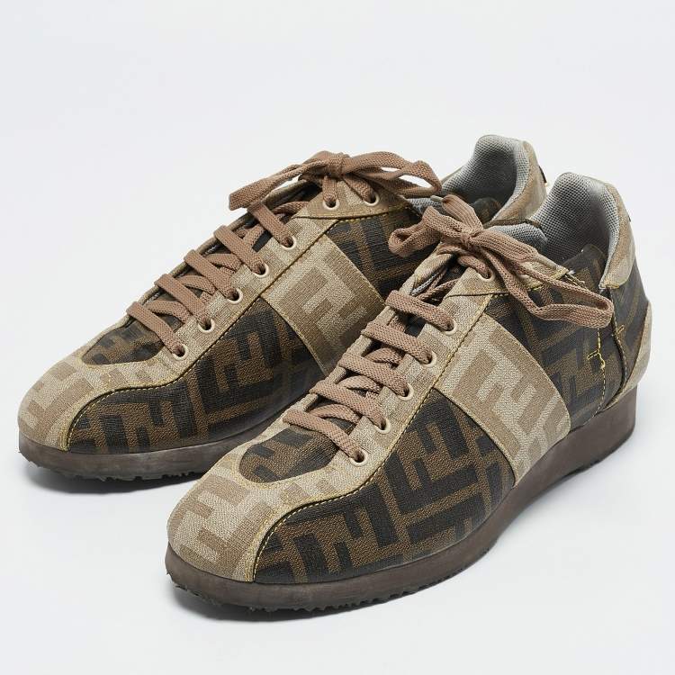 Pre Owned Fendi Brown Canvas FF Logo Lace Up Sneakers Size 38