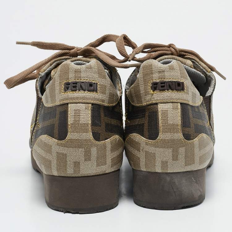 Pre Owned Fendi Brown Canvas FF Logo Lace Up Sneakers Size 38