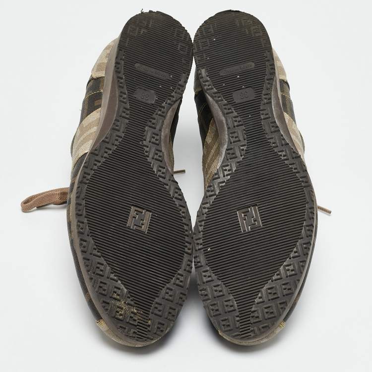 Pre Owned Fendi Brown Canvas FF Logo Lace Up Sneakers Size 38