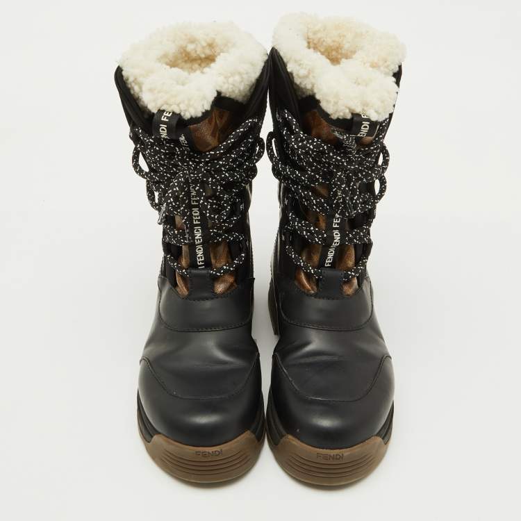 Pre Owned Fendi Black/Tobacco Coated Canvas and Leather T-Rex Snow Boots Size 37