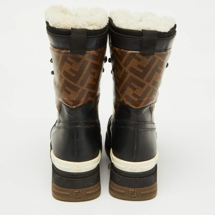 Pre Owned Fendi Black/Tobacco Coated Canvas and Leather T-Rex Snow Boots Size 37