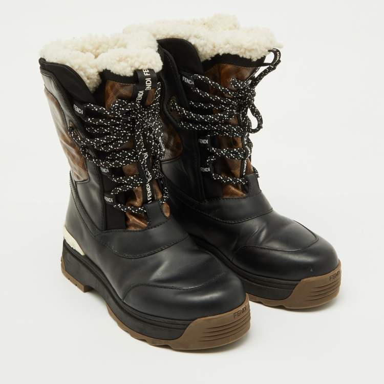 Pre Owned Fendi Black/Tobacco Coated Canvas and Leather T-Rex Snow Boots Size 37