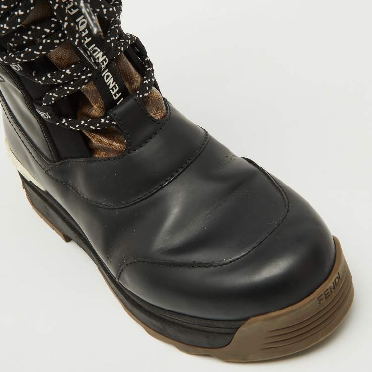 Pre Owned Fendi Black/Tobacco Coated Canvas and Leather T-Rex Snow Boots Size 37