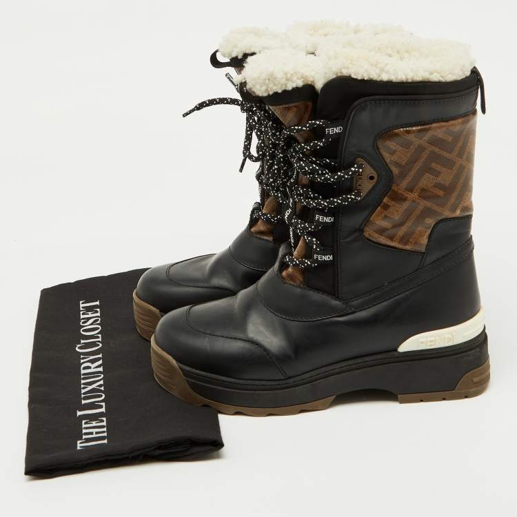 Pre Owned Fendi Black/Tobacco Coated Canvas and Leather T-Rex Snow Boots Size 37