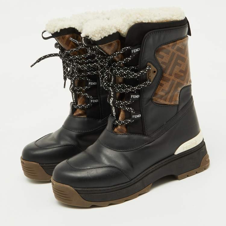 Pre Owned Fendi Black/Tobacco Coated Canvas and Leather T-Rex Snow Boots Size 37