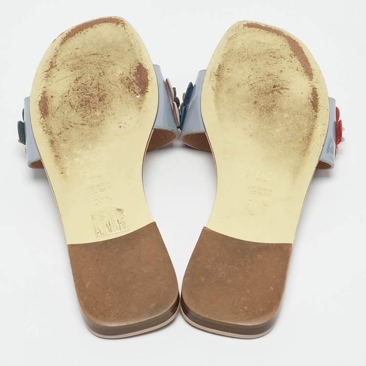 Pre Owned Fendi Multicolor Leather and Patent Flower Embellished Flat Sandals Size 38.5