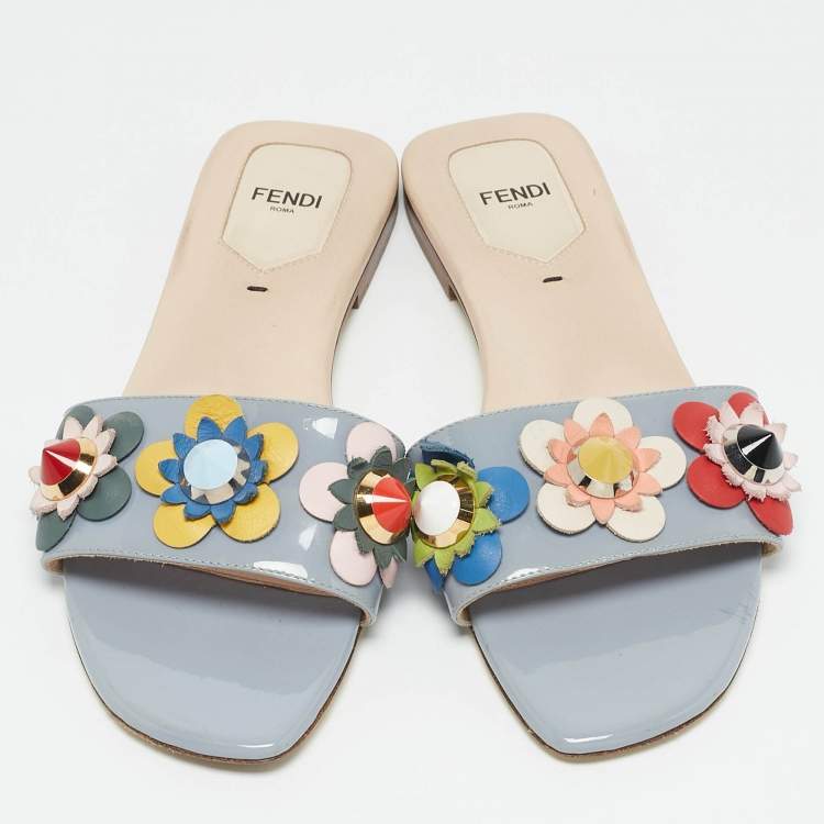 Pre Owned Fendi Multicolor Leather and Patent Flower Embellished Flat Sandals Size 38.5