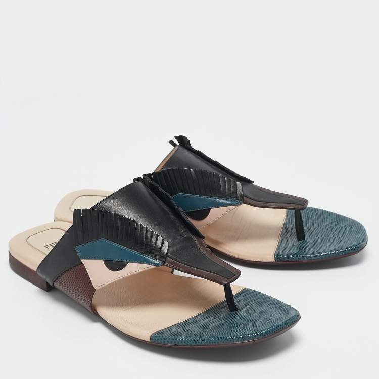 Pre Owned Fendi Multicolor Bugs Paneled Leather Thong Flat Sandals Size 41