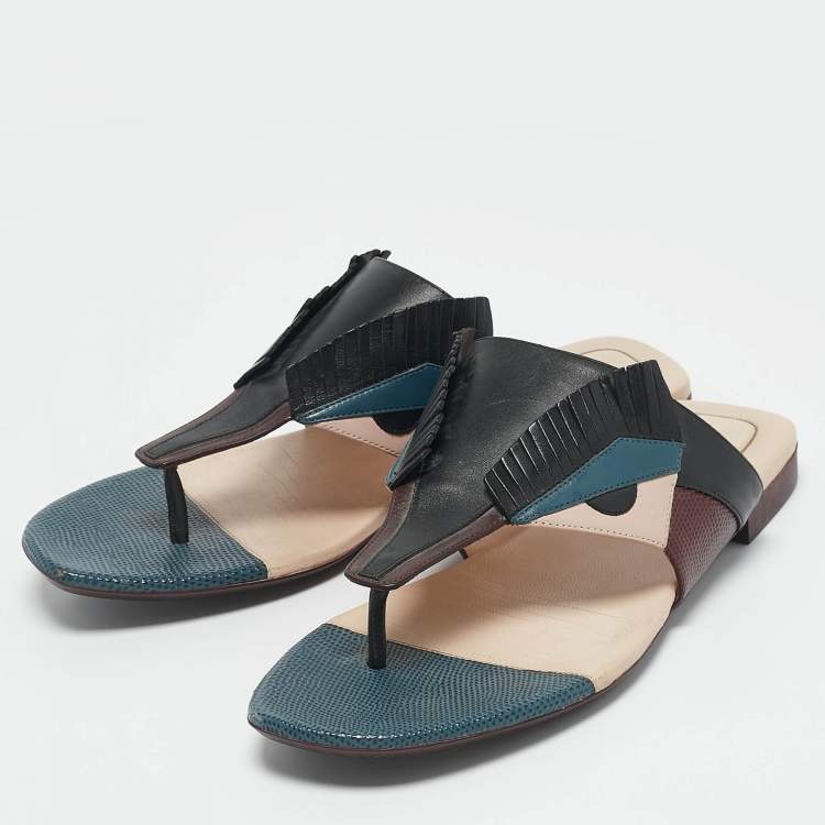 Pre Owned Fendi Multicolor Bugs Paneled Leather Thong Flat Sandals Size 41