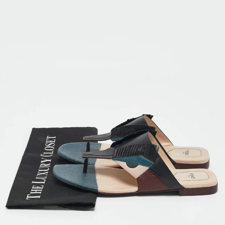 Pre Owned Fendi Multicolor Bugs Paneled Leather Thong Flat Sandals Size 41