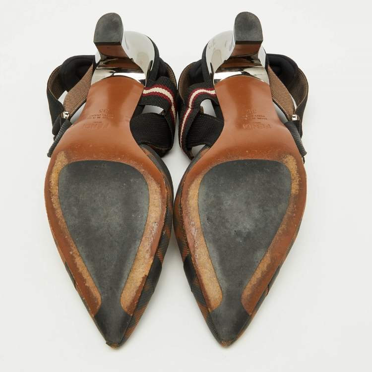 Pre Owned Fendi Brown/Black Zucca Mesh and Fabric Colibri Slingback Pumps Size 35