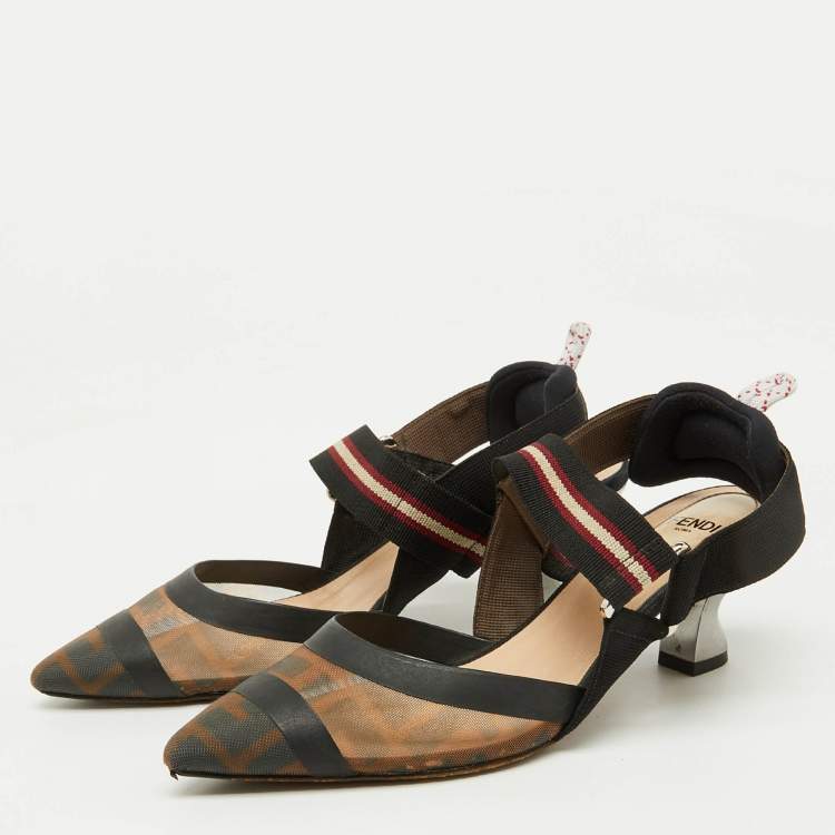 Pre Owned Fendi Brown/Black Zucca Mesh and Fabric Colibri Slingback Pumps Size 35