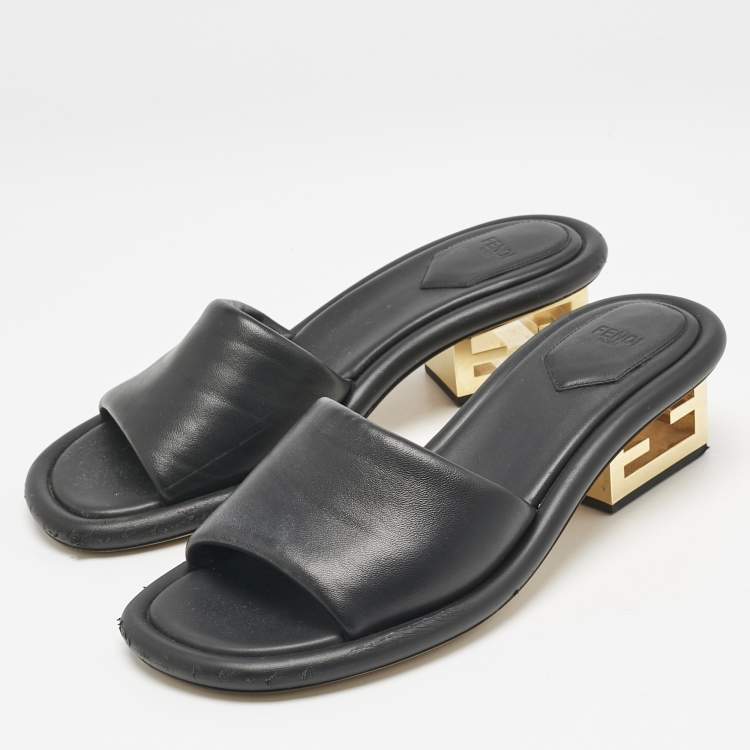 Pre Owned Fendi Black Leather Baguette Slide Sandals Size 38