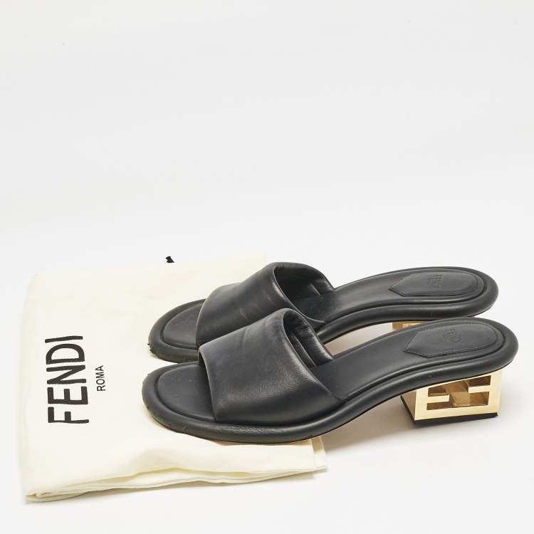 Pre Owned Fendi Black Leather Baguette Slide Sandals Size 38