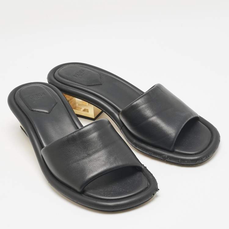 Pre Owned Fendi Black Leather Baguette Slide Sandals Size 38