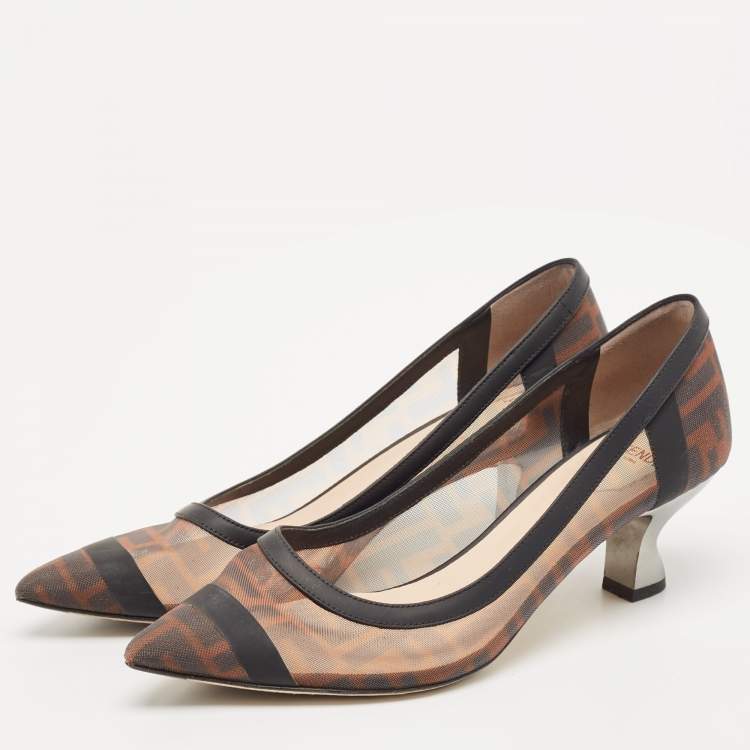 Pre Owned Fendi Brown/Black Zucca Mesh and Leather Colibri Pumps Size 38