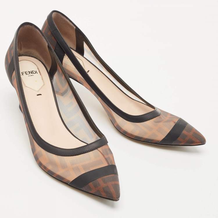 Pre Owned Fendi Brown/Black Zucca Mesh and Leather Colibri Pumps Size 38