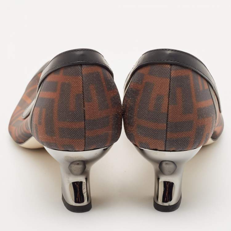 Pre Owned Fendi Brown/Black Zucca Mesh and Leather Colibri Pumps Size 38