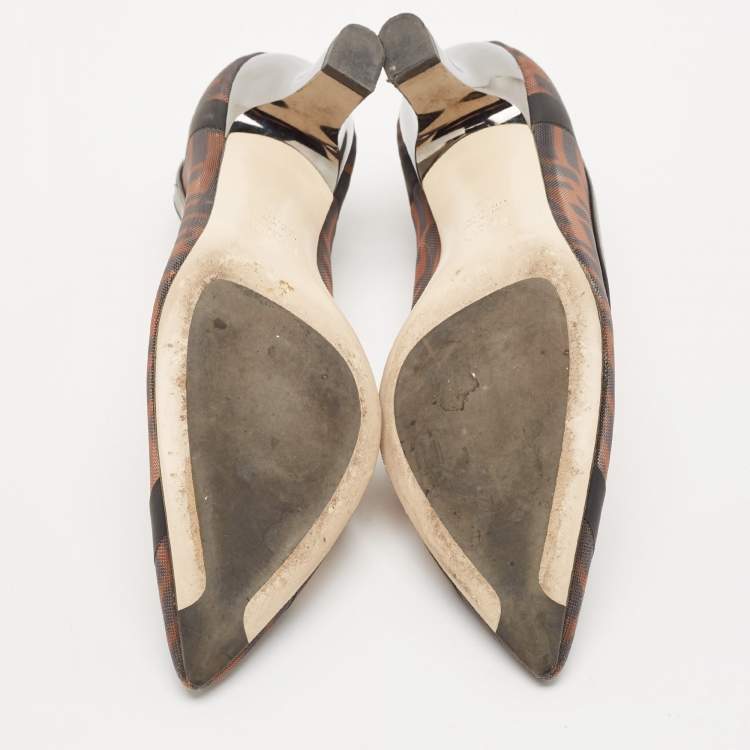 Pre Owned Fendi Brown/Black Zucca Mesh and Leather Colibri Pumps Size 38