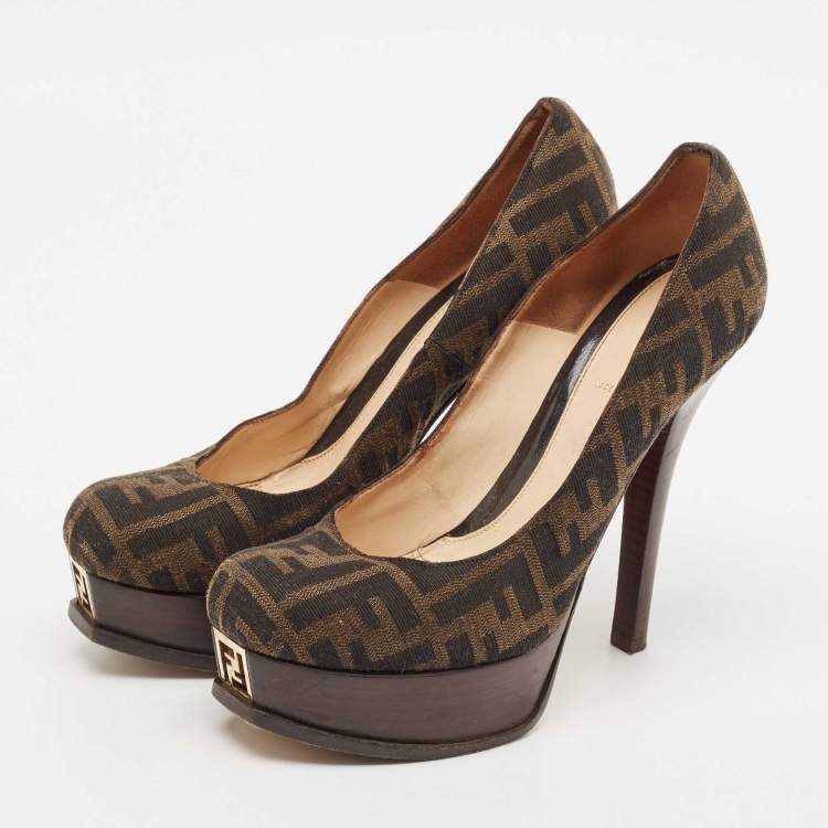Pre Owned Fendi Brown Zucca Canvas Fendista Platform Pumps Size 39