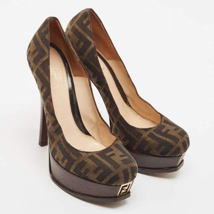 Pre Owned Fendi Brown Zucca Canvas Fendista Platform Pumps Size 39