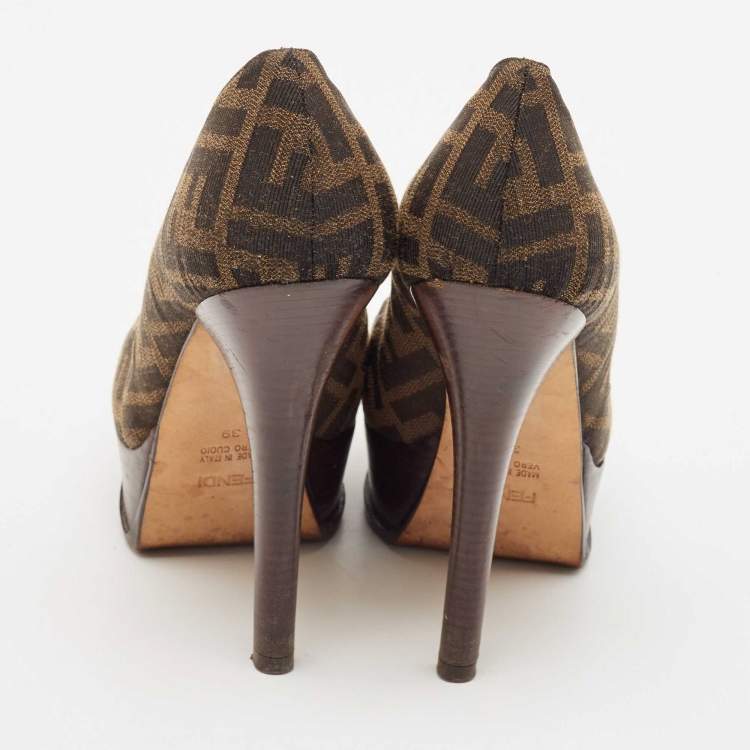 Pre Owned Fendi Brown Zucca Canvas Fendista Platform Pumps Size 39