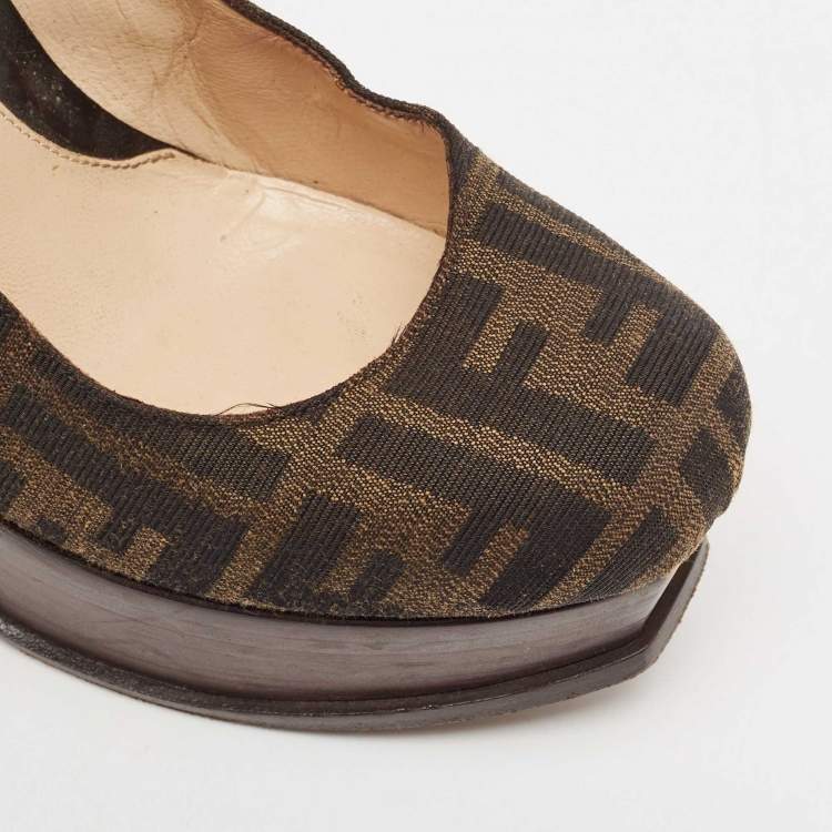 Pre Owned Fendi Brown Zucca Canvas Fendista Platform Pumps Size 39