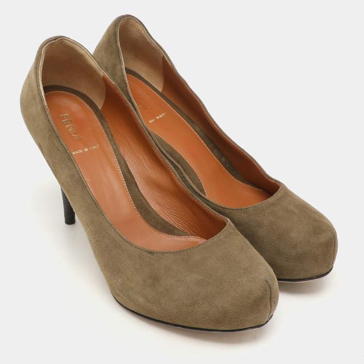 Pre Owned Fendi Green Suede Zucca Heel Platform Pumps Size 39.5
