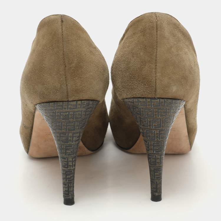 Pre Owned Fendi Green Suede Zucca Heel Platform Pumps Size 39.5