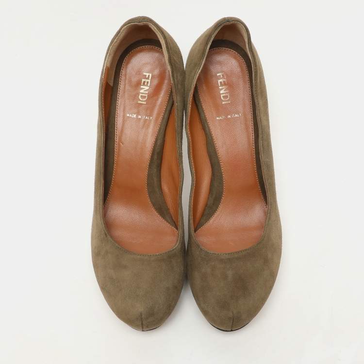 Pre Owned Fendi Green Suede Zucca Heel Platform Pumps Size 39.5