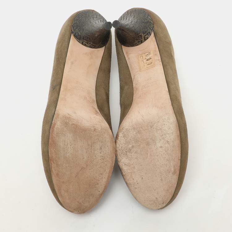 Pre Owned Fendi Green Suede Zucca Heel Platform Pumps Size 39.5