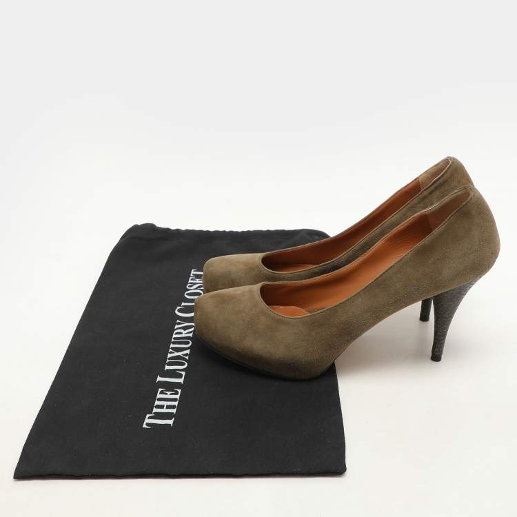 Pre Owned Fendi Green Suede Zucca Heel Platform Pumps Size 39.5