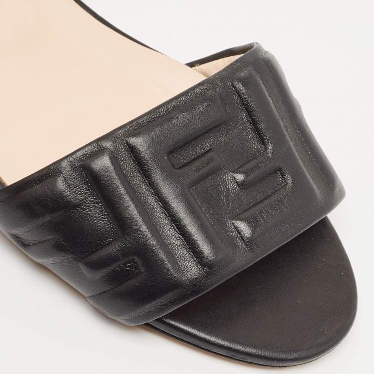 Pre Owned Fendi Black FF Embossed Leather Slide Sandals Size 38.5