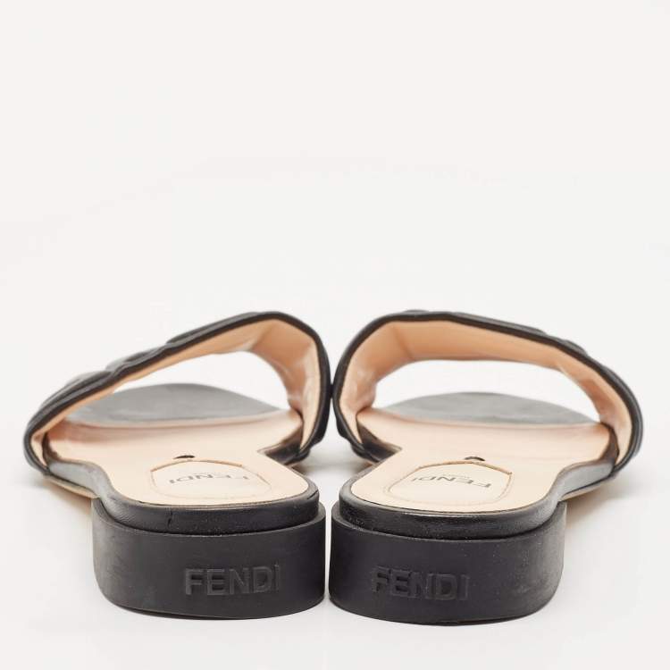 Pre Owned Fendi Black FF Embossed Leather Slide Sandals Size 38.5