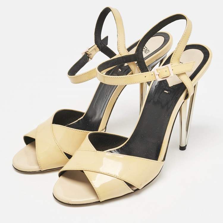 Pre Owned Fendi Beige Patent Leather Open Toe Ankle Strap Sandals Size 40