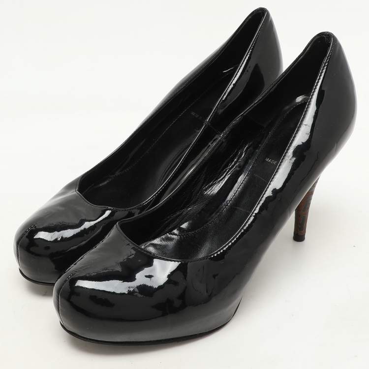 Pre Owned Fendi Black Patent Leather FF Heel Platform Pumps Size 39