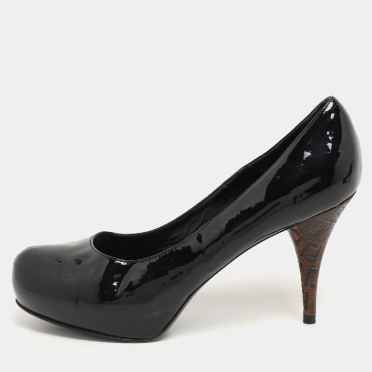 Pre Owned Fendi Black Patent Leather FF Heel Platform Pumps Size 39